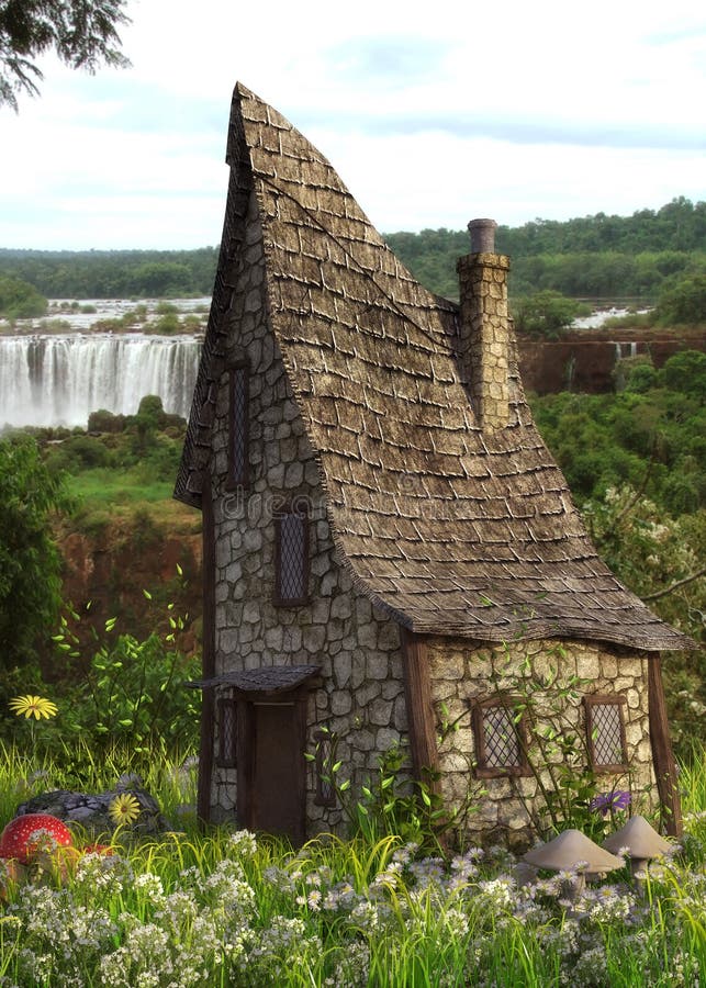 Fantasiehaus im Wald mit Wasserfall lizenzfreie abbildung Fantasiehaus im Wald mit Wasserfall lizenzfreie abbildung
