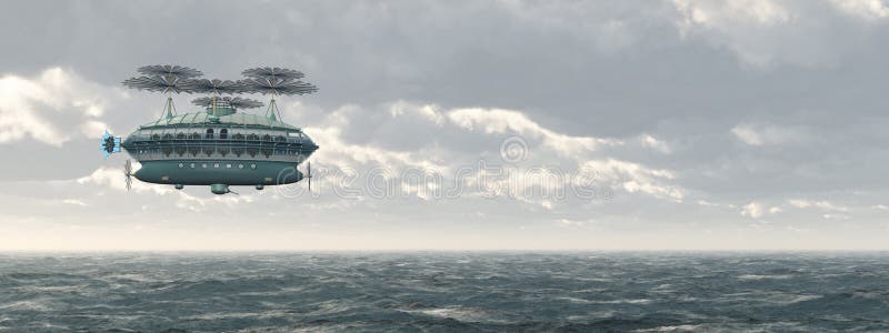 Fantasieluftschiff über dem Meer vektor abbildung