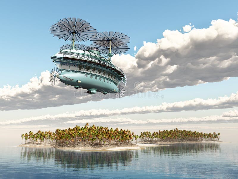 Fantasieluftschiff über einer Ozeanlandschaft lizenzfreie abbildung