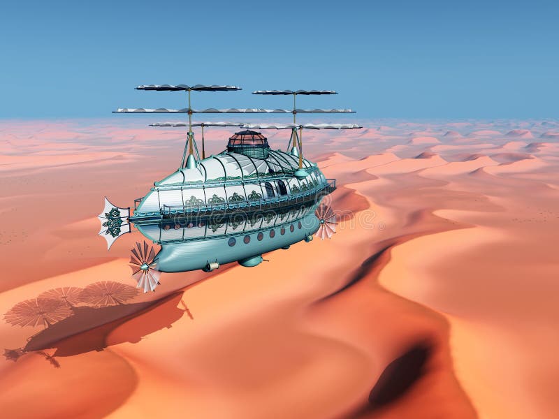 Fantasieluftschiff über einer Wüstenlandschaft stock abbildung