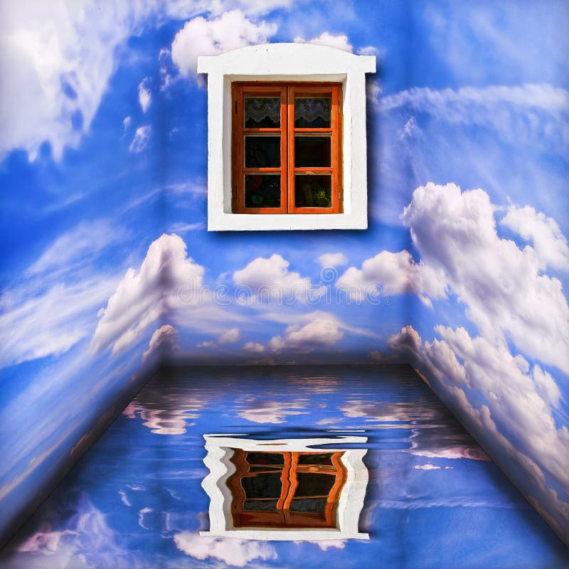Fantasieraumlandschaft mit Wolken, Wasser reflectionand Fenster stockfotografie Fantasieraumlandschaft mit Wolken, Wasser reflectionand Fenster stockfotografie