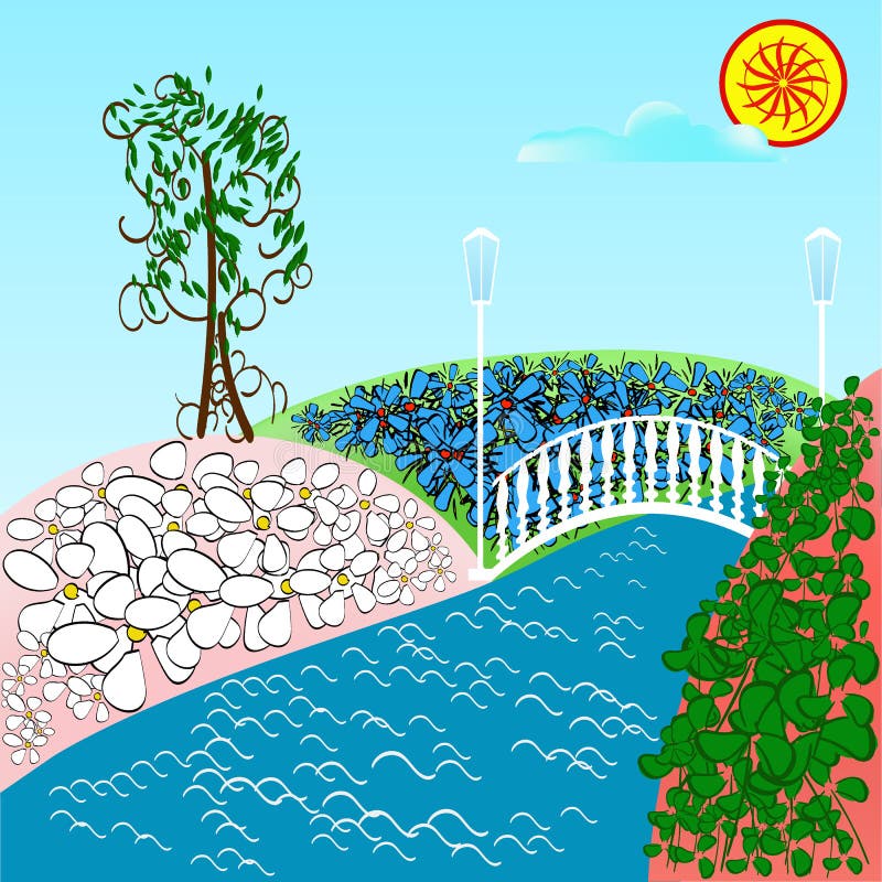 Fantasieweide met madeliefjes, bloemen en groene boom Rivier en B royalty-vrije illustratie Fantasieweide met madeliefjes, bloemen en groene boom Rivier en B royalty-vrije illustratie