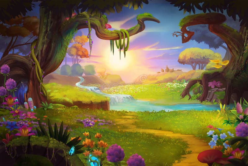 Fantasiland, gräs och kulle, flod och träd med fantastisk realistisk stil