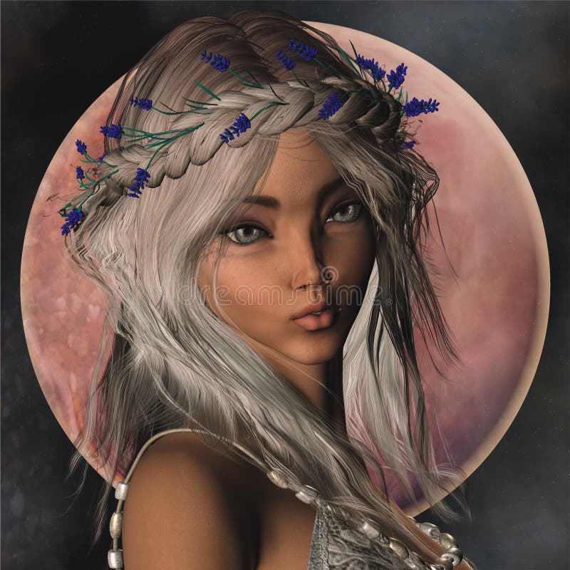 3D portrait of a fantasy elf girl with flower wreath. 3D portrait of a fantasy elf girl with flower wreath.