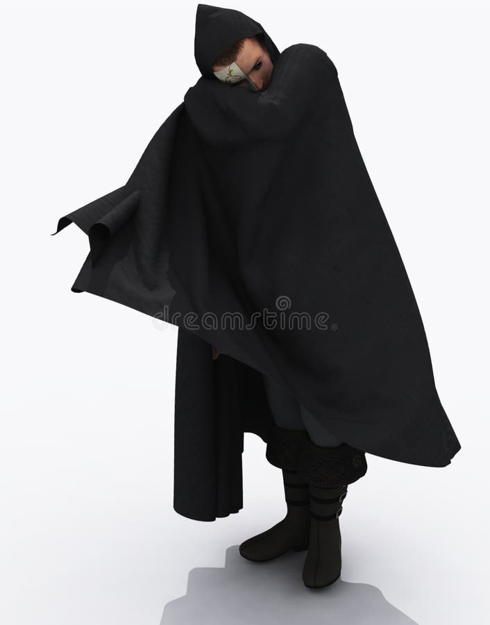 Rendered image of half masked man in hooded cloak the phantom of the opera. Rendered image of half masked man in hooded cloak the phantom of the opera