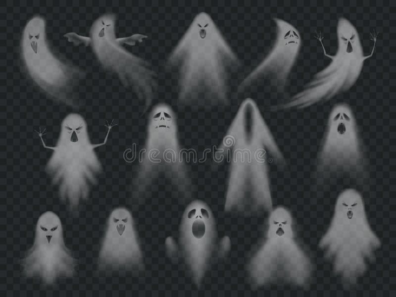 Fantasmas assustadores do horror transparente do fantasma, espírito necrófago espectral da noite do Dia das Bruxas Grupo fantasma