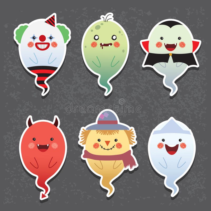 Fantasmas de Halloween de la historieta - payaso, zombi, vampiro, diablo, espantapájaros y fantasma japonés stock de ilustración Fantasmas de Halloween de la historieta - payaso, zombi, vampiro, diablo, espantapájaros y fantasma japonés stock de ilustración