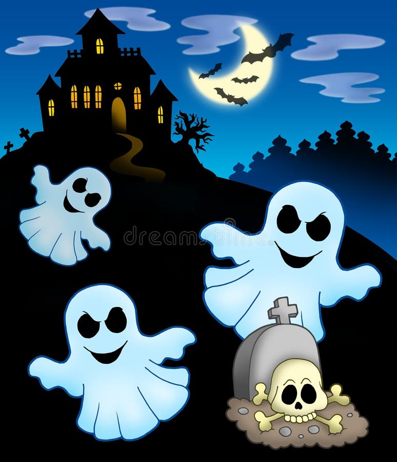 Ghosts with haunted house - color illustration. Ghosts with haunted house - color illustration.