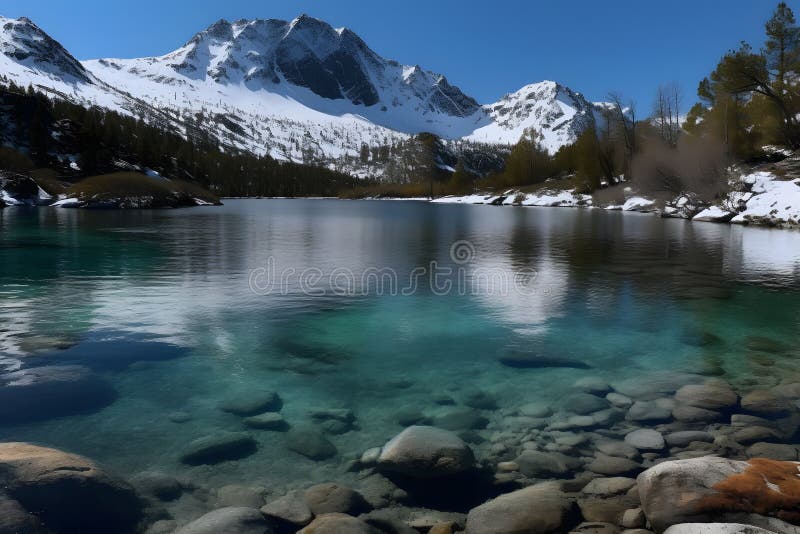 Fantastic Evening Panorama of Crystal Lake. Neural Network AI Generated