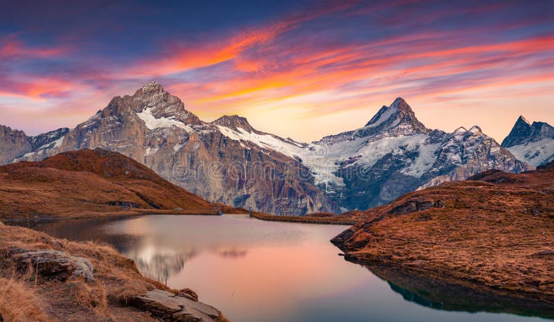 Fantastic Evening View of Bachalp Lake Bachalpsee, Switzerland. Stock ...