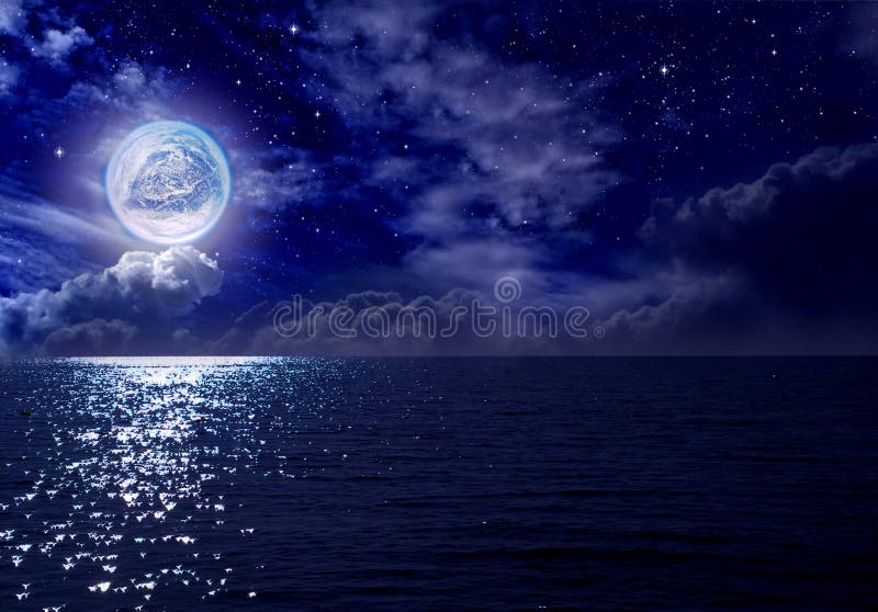 Stars Full Moon Over The Sea At Night Stock Photo Image Of Astrology Blue