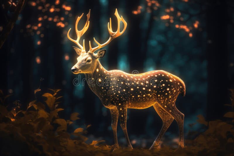 Fantastic glowing deer in the forest at night. Generative AI royalty free stock photo