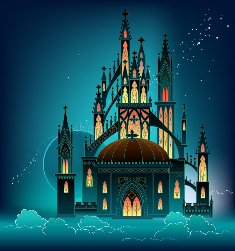 Fantastic Gothic castle from fairyland. Medieval cathedral with stained glass windows. Middle ages in Western Europe. Printable vector illustration