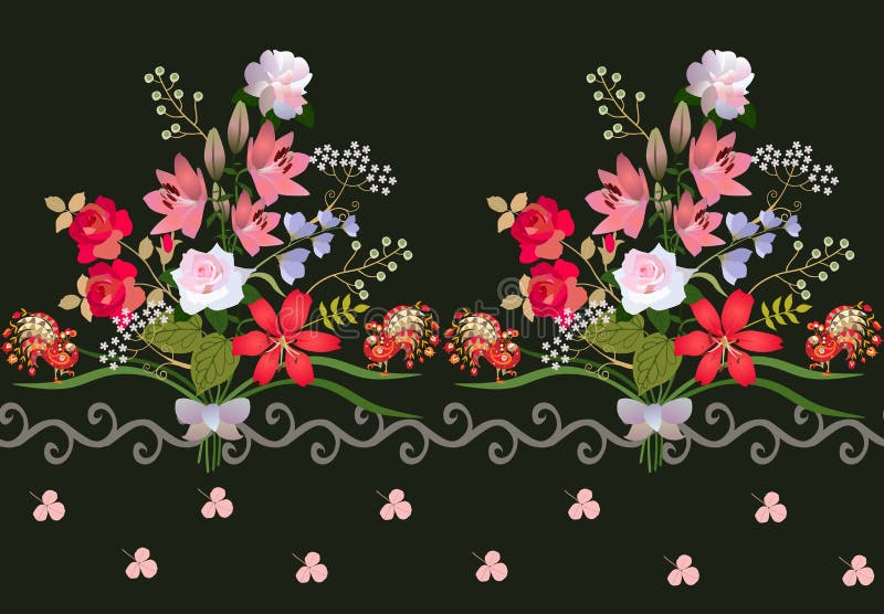 Fantastic horizontal border with luxury bouquets of garden flowers, fairy small peacocks, waved ornament and pink leaves of clover