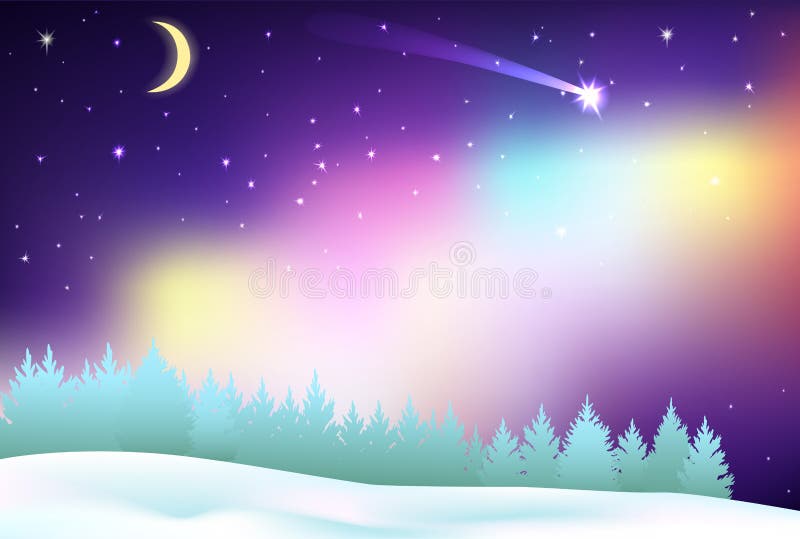 Fantastic Northern Lights over the pine forest and winter field. royalty free illustration Fantastic Northern Lights over the pine forest and winter field. royalty free illustration