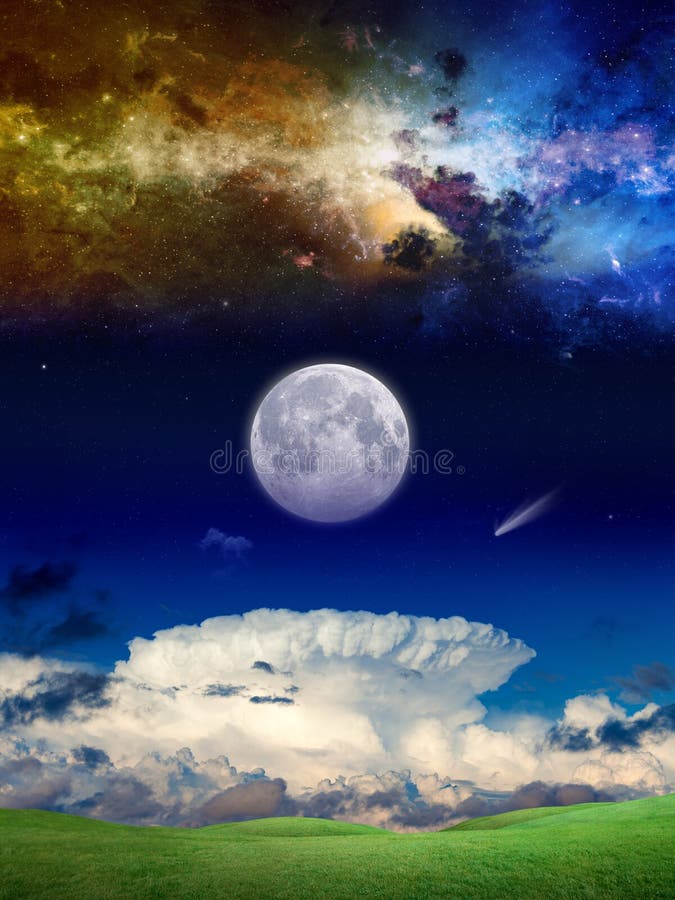 Fantastic supernatural background with galaxy, comet and full mo vector illustration Fantastic supernatural background with galaxy, comet and full mo vector illustration