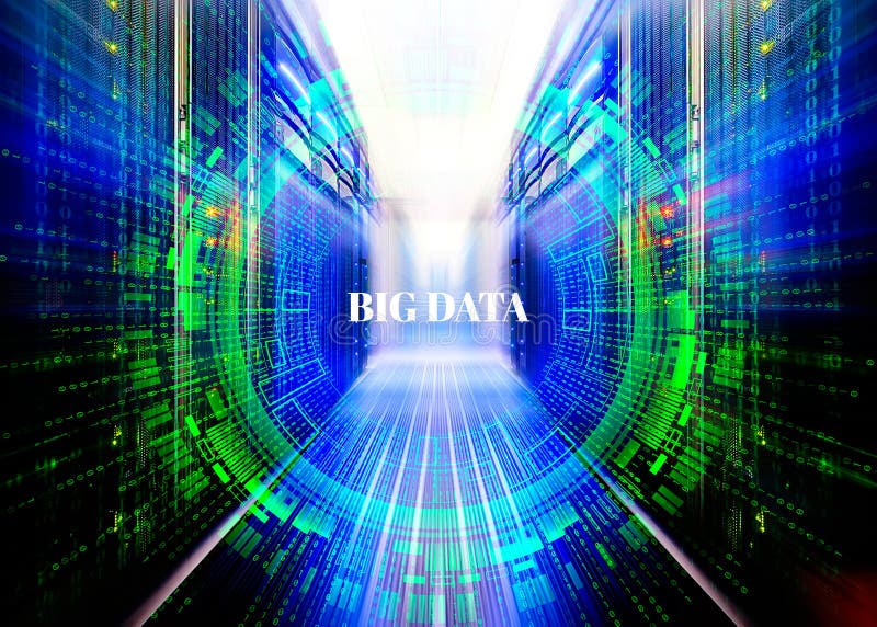 Fantastic symmetric data center room with a binary code penetration servers covered big data concept graphics royalty free illustration Fantastic symmetric data center room with a binary code penetration servers covered big data concept graphics royalty free illustration