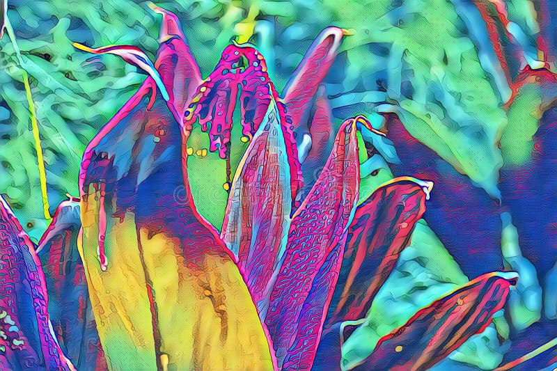 Fantastic tropical plant with neon blossom. Exotic nature psychedelic digital illustration. Blooming tropical garden