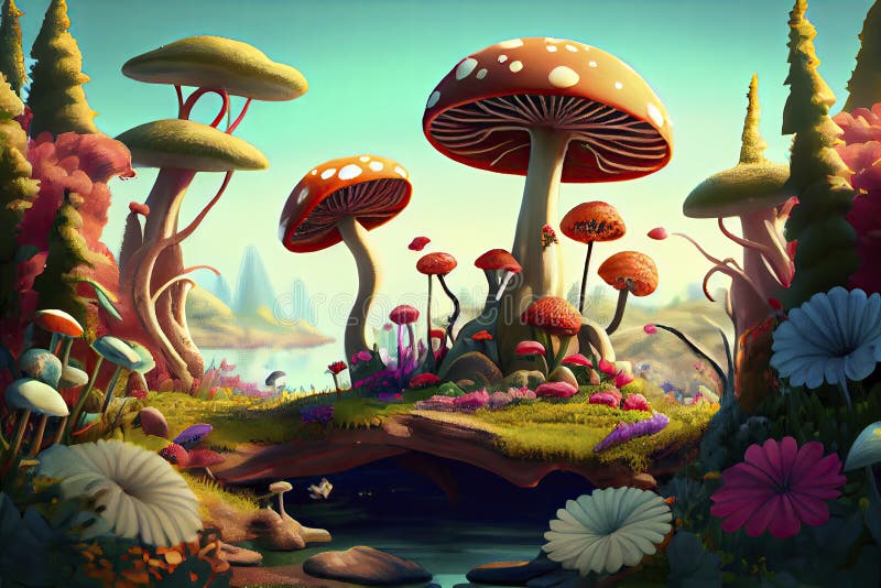 Fantastic Wonderland Landscape with Mushrooms, Lilies Flowers, Morpho ...