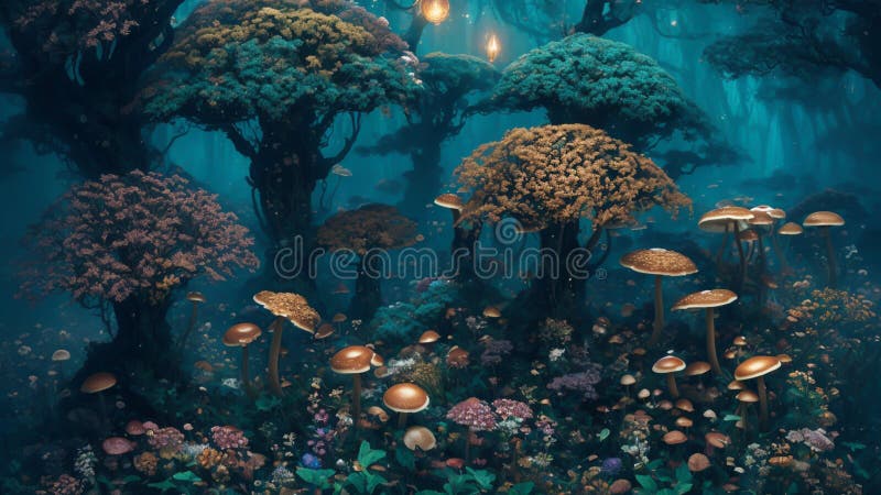 Fantastical realm of the mushroom landscape, an array of fantastical mushrooms emerged, each with its own unique charm stock illustration
