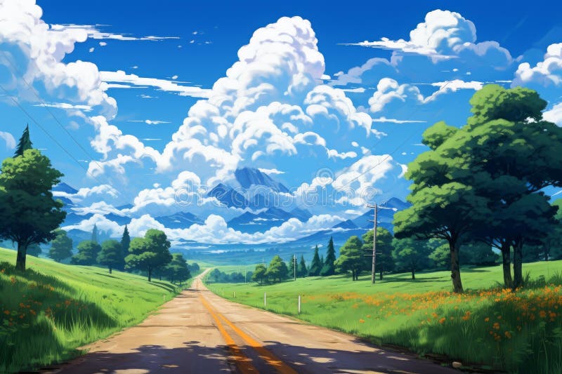 Fantastical Road View Anime Visual Novel Game. Generate Ai Stock