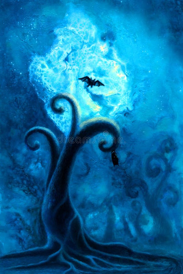 Fantastique peinture nocturne au clair de lune avec des arbres bouclés et des chauves-souris illustration stock Fantastique peinture nocturne au clair de lune avec des arbres bouclés et des chauves-souris illustration stock
