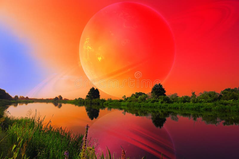 Fantastische Landschaft mit großem Planeten über ruhigem Fluss stockbild Fantastische Landschaft mit großem Planeten über ruhigem Fluss stockbild