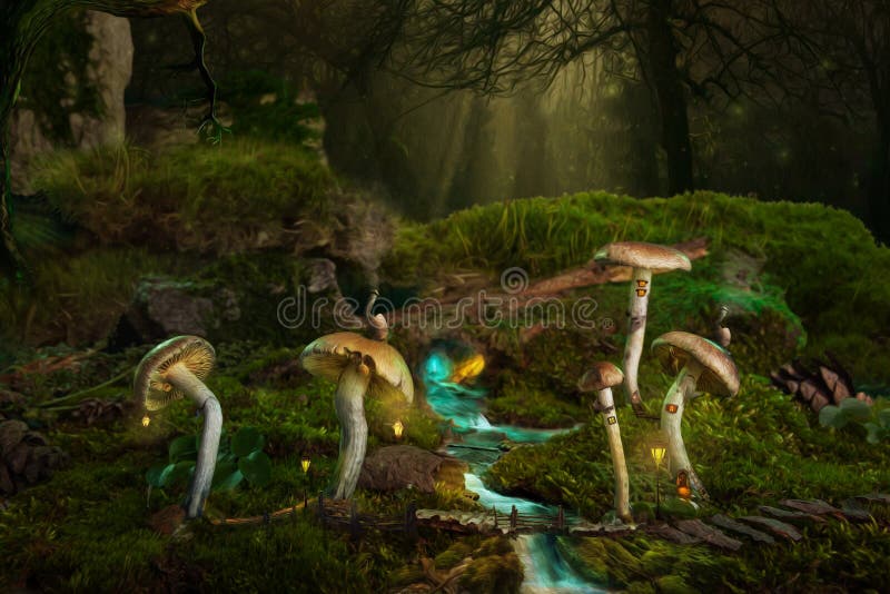 Psychedelic magic psilocybin mushrooms in fantastic fairy tale forest. Psychedelic magic psilocybin mushrooms in fantastic fairy tale forest