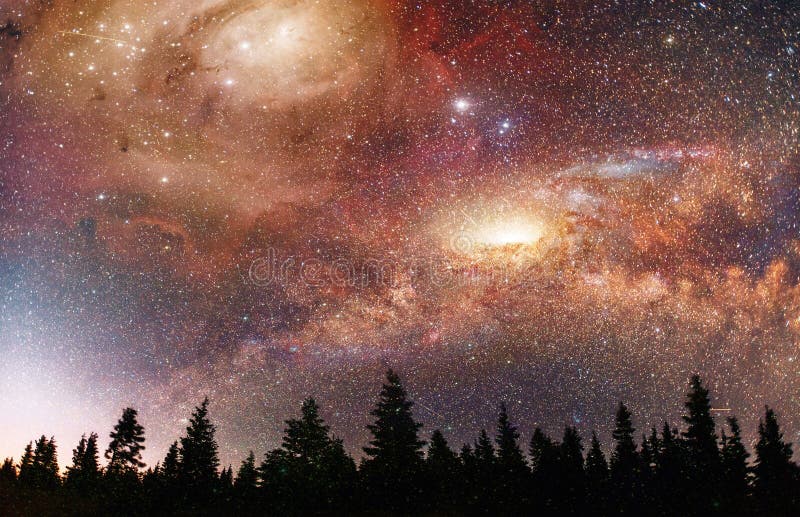 Fantastischer sternenklarer Himmel und die Milchstraße über den Berggipfeln der Kiefern Höflichkeit der NASAs lizenzfreie stockbilder Fantastischer sternenklarer Himmel und die Milchstraße über den Berggipfeln der Kiefern Höflichkeit der NASAs lizenzfreie stockbilder