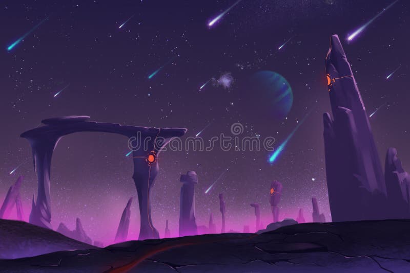 Fantastic and Exotic Allen Planets Environment: Meteor Shower at Night. Video Games Digital CG Artwork, Concept Illustration, Realistic Cartoon Style Background. Fantastic and Exotic Allen Planets Environment: Meteor Shower at Night. Video Games Digital CG Artwork, Concept Illustration, Realistic Cartoon Style Background