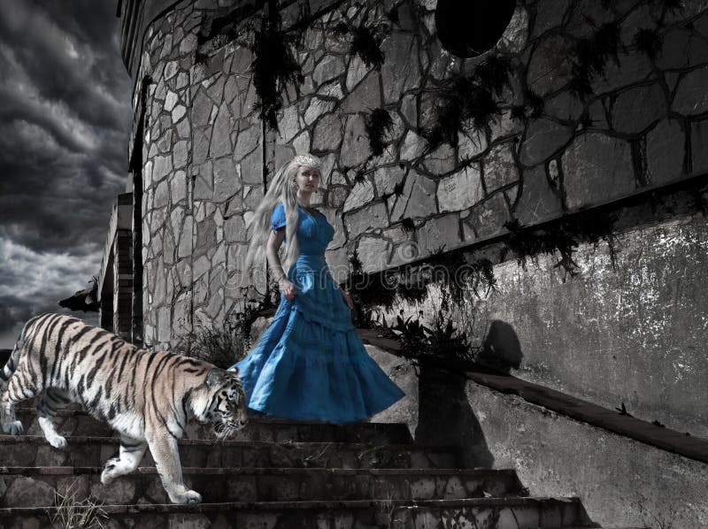 Fantastisk prinsessa för magisk plats från saga med en tiger på gamla tornmoment arkivfoton Fantastisk prinsessa för magisk plats från saga med en tiger på gamla tornmoment arkivfoton