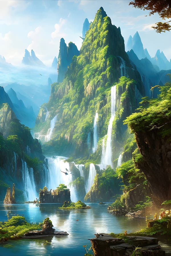 Fantastiskt landskap med vackra berg och vattenfall ett utopiskt land. generativ ai stock illustrationer
