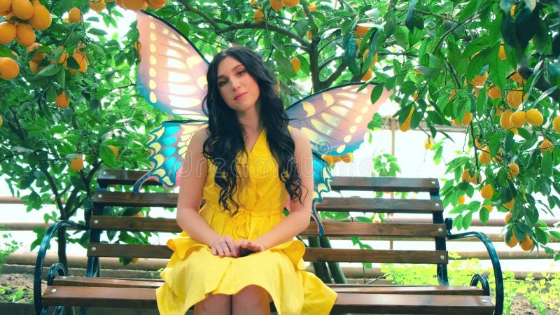 Fantastyczna dziewczyna elf żółty vintage elegancka sukienka maślana skrzydła sztuki. Portret fantasy szczęśliwa kobieta wróżka zbiory