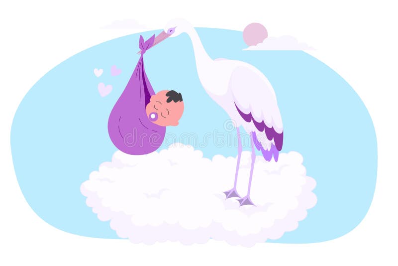 Fantastyczna ilustracja przedstawia bocian stojący na puszystej chmurze ilustracja wektor