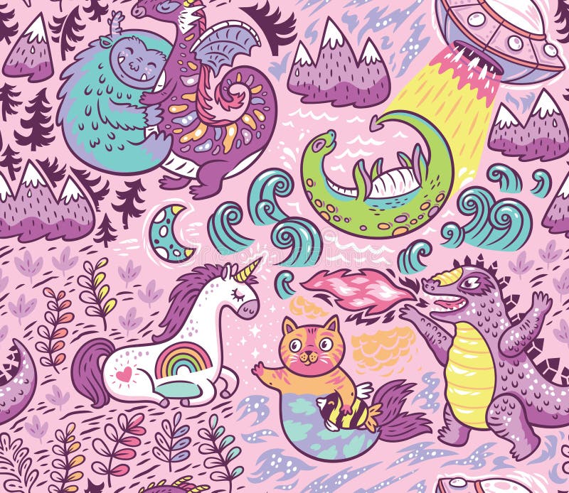 Fantastyczne istoty, zwierzę wzór Wektorowy śliczny tło ilustracji