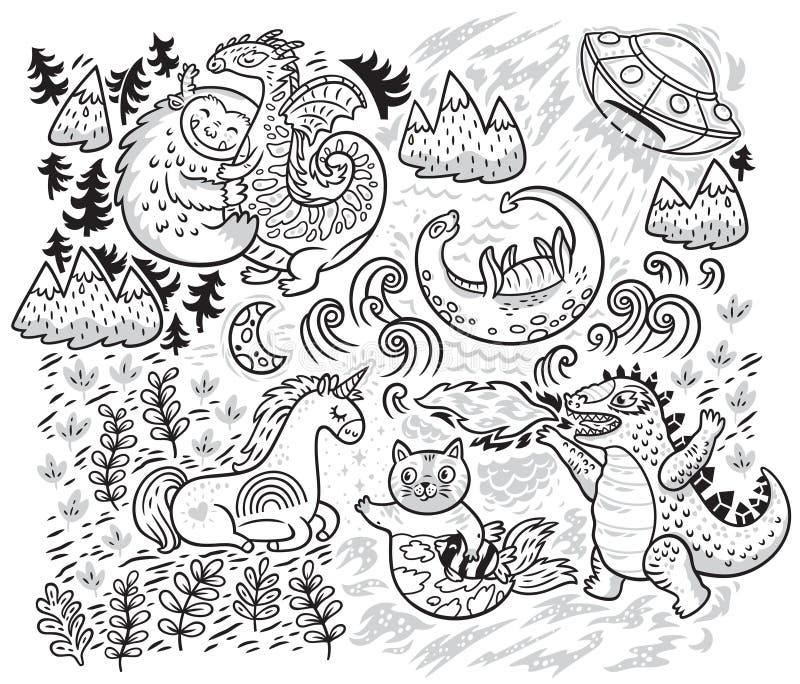 Fantastyczne istoty, zwierzęta ustawiający w konturze również zwrócić corel ilustracji wektora royalty ilustracja