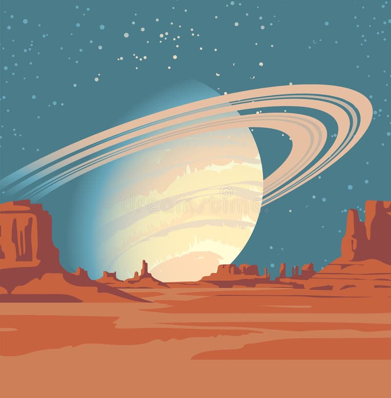 Fantastyczny krajobraz obcy z widokiem saturn ilustracji