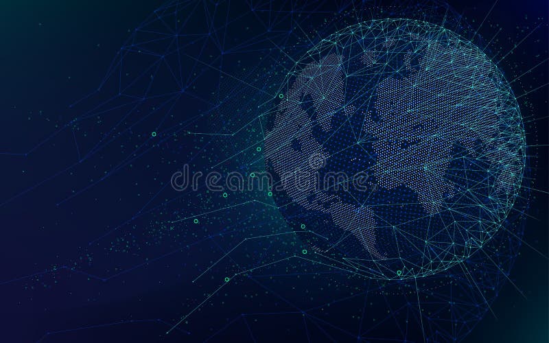 Fantastyka naukowa futurystyczne technologie, globalna sieć z światową mapą, abstrakcjonistyczny wektorowy nieskończonej przestrz royalty ilustracja