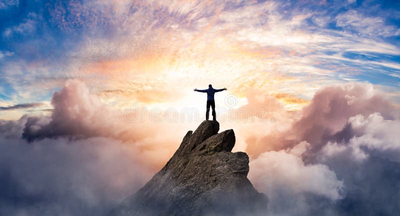 Fantasy Adventure Composite with a Man on top of a Mountain Cliff with Dramatic Cloudscape