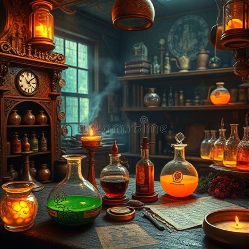 Fantasy Alchemists Laboratory with Glowing Potions and Ancient Scrolls vektor illustrationer