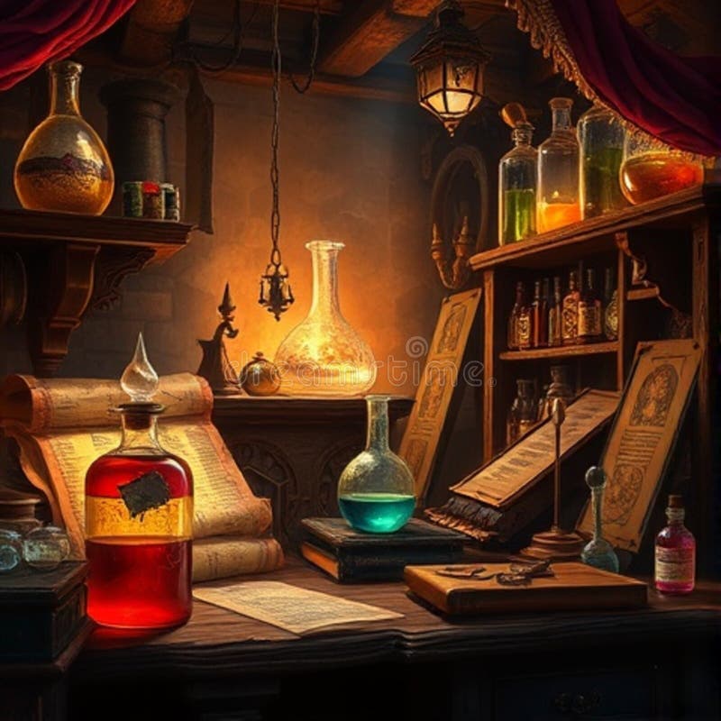 Fantasy Alchemists Laboratory with Glowing Potions and Ancient Scrolls vektor illustrationer