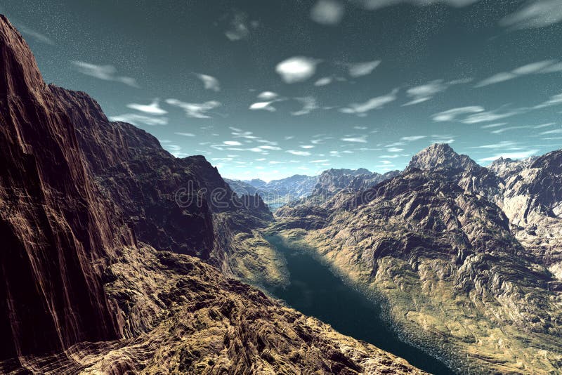 Alien Planet. Mountain and water. 3D rendering