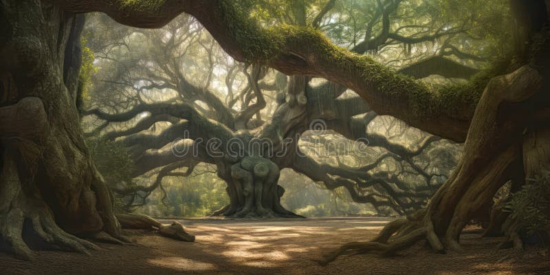 Fantasy ancient tree in the woods. Generative AI illustration vector illustration