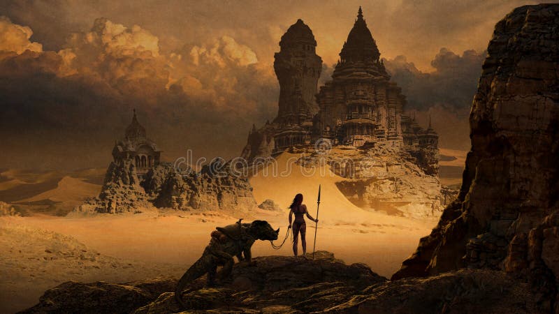 Fantasy Art Landscape with Desert Temple and Warrior Women Stock ...