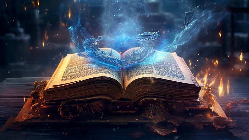 Fantasy background with ancient magic book. Generative AI. vector illustration