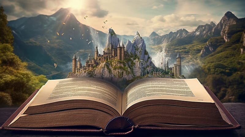 Fantasy background with ancient magic book. Generative AI vector illustration
