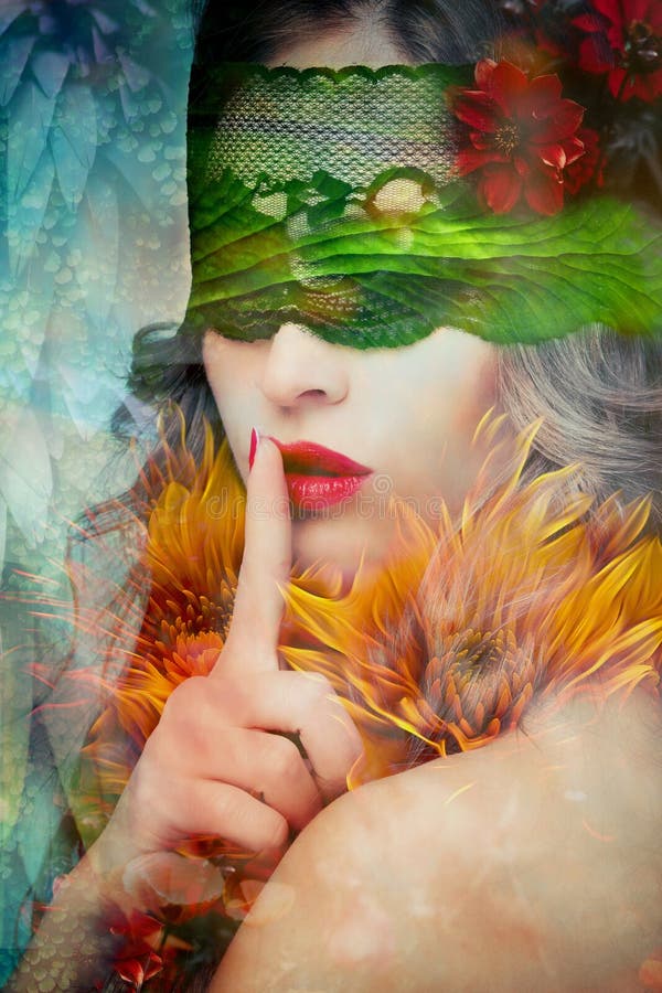 Fantasy beautiful woman silence gesture composite photo stock image Fantasy beautiful woman silence gesture composite photo stock image