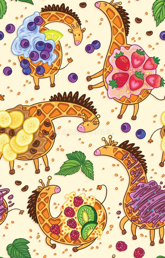 Vector seamless pattern with funny giraffes, waffles. Fantasy hand drawn characters. Cartoon animals, childrens seamless background. Vector seamless pattern with funny giraffes, waffles. Fantasy hand drawn characters. Cartoon animals, childrens seamless background