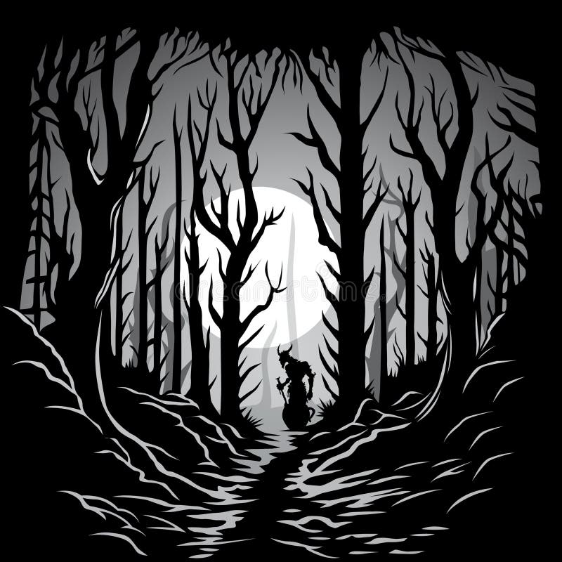 Fantasy Black and White Dark Forest. Vector Illustration Stock Vector