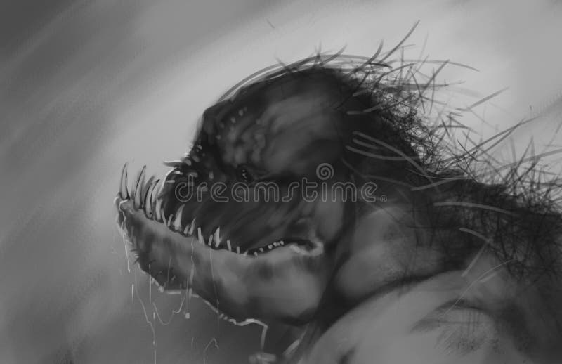 Fantasy black and white painting of huge hairy predatory creature with a massive jaw - digital illustration